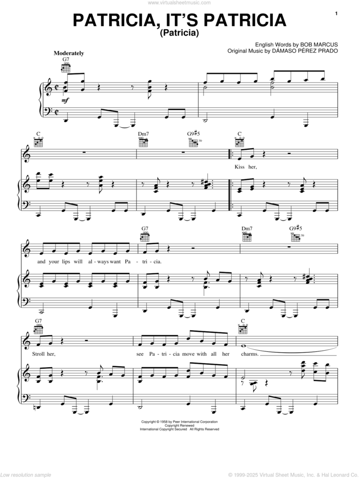 Patricia, It's Patricia (Patricia) sheet music for voice, piano or guitar by Perez Prado, Bob Marcus and Damaso Perez Prado, intermediate skill level