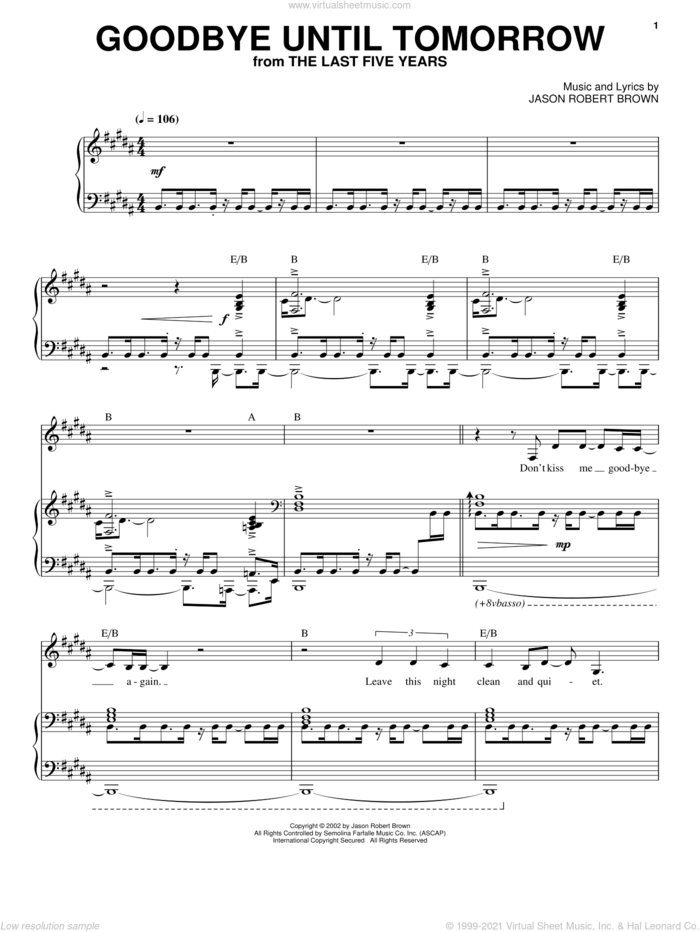 Goodbye Until Tomorrow (from The Last 5 Years) sheet music for voice, piano or guitar by Jason Robert Brown and The Last Five Years (Musical), intermediate skill level
