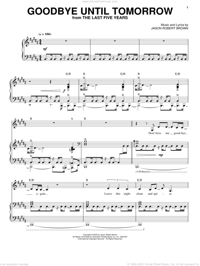 Goodbye Until Tomorrow (from The Last 5 Years) sheet music for voice, piano or guitar by Jason Robert Brown and The Last Five Years (Musical), intermediate skill level