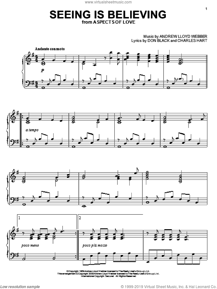 Seeing Is Believing (from Aspects of Love) sheet music for piano solo by Andrew Lloyd Webber, Aspects Of Love (Musical), Charles Hart and Don Black, intermediate skill level