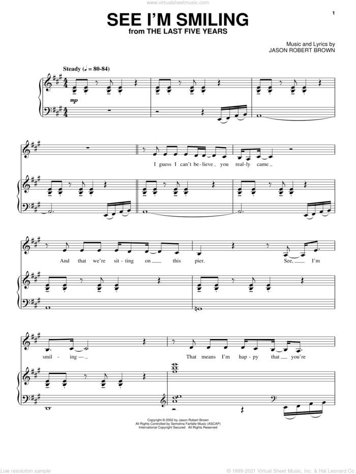 See I'm Smiling (from The Last 5 Years) sheet music for voice and piano by Jason Robert Brown and The Last Five Years (Musical), intermediate skill level