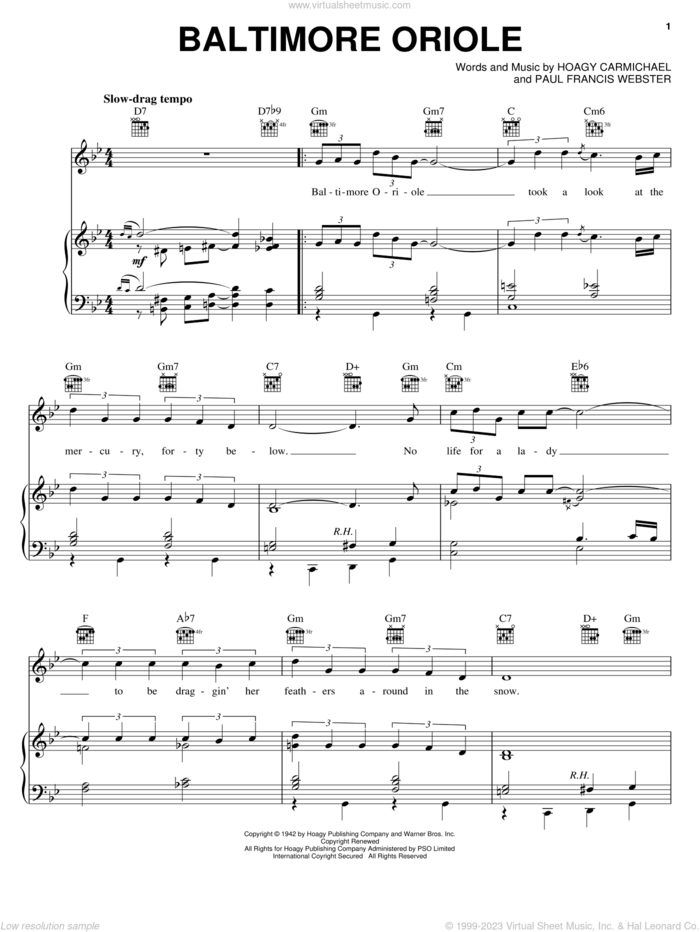 Baltimore Oriole sheet music for voice, piano or guitar by Hoagy Carmichael and Paul Francis Webster, intermediate skill level