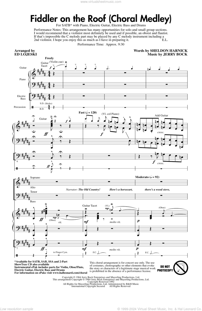 Fiddler On The Roof (Choral Medley) (arr. Ed Lojeski) sheet music for choir (SATB: soprano, alto, tenor, bass) by Bock & Harnick, Jerry Bock, Sheldon Harnick and Ed Lojeski, intermediate skill level