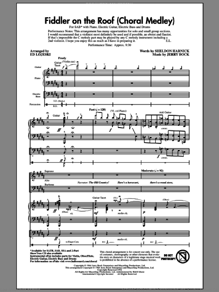 Fiddler On The Roof (Choral Medley) (arr. Ed Lojeski) sheet music for choir (SAB: soprano, alto, bass) by Bock & Harnick, Jerry Bock, Sheldon Harnick and Ed Lojeski, intermediate skill level