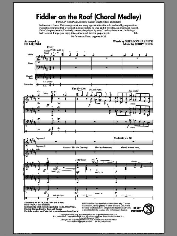 Fiddler On The Roof (Choral Medley) (arr. Ed Lojeski) sheet music for choir (SSA: soprano, alto) by Bock & Harnick, Sheldon Harnick, Ed Lojeski and Jerry Bock, intermediate skill level