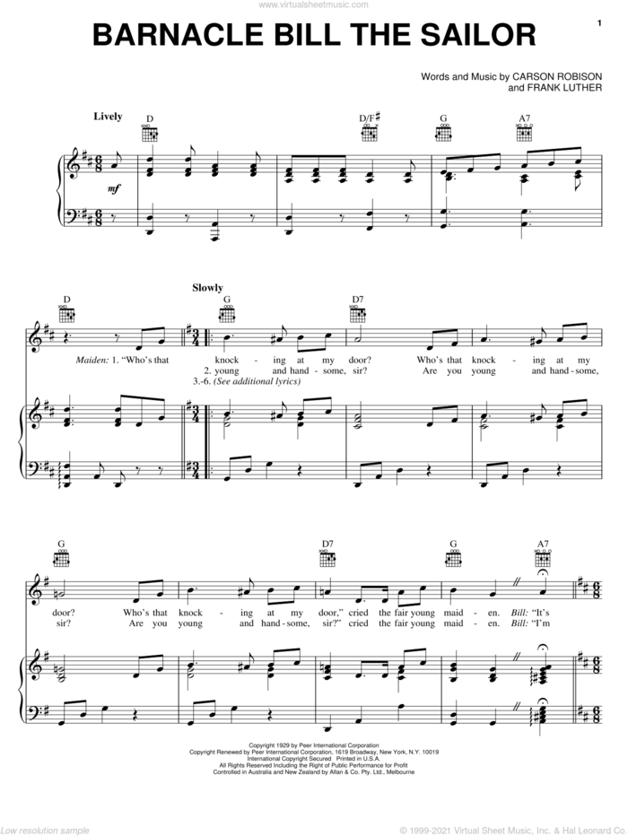 Barnacle Bill The Sailor sheet music for voice, piano or guitar by Frank Luther and Carson Robison, intermediate skill level