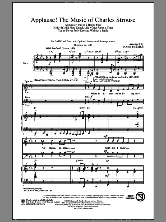Applause! - The Music of Charles Strouse sheet music for choir (SATB: soprano, alto, tenor, bass) by Charles Strouse, Lee Adams and Mark Brymer, intermediate skill level