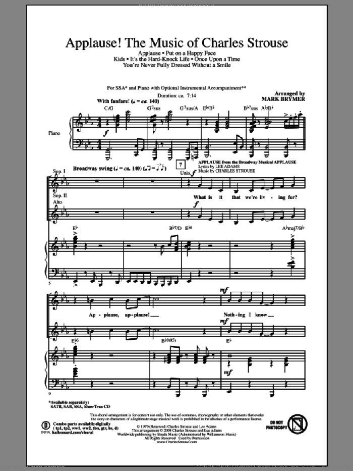 Applause! - The Music of Charles Strouse sheet music for choir (SSA: soprano, alto) by Charles Strouse, Lee Adams and Mark Brymer, intermediate skill level