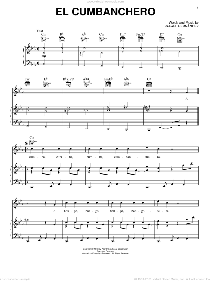El Cumbanchero sheet music for voice, piano or guitar by Rafael Hernandez, intermediate skill level