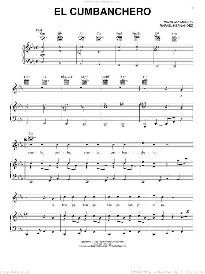 El Cumbanchero sheet music for voice, piano or guitar by Rafael Hernandez, intermediate skill level