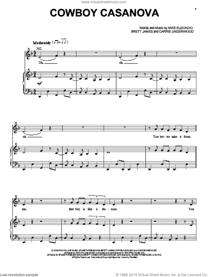 Cowboy Casanova sheet music for voice, piano or guitar by Carrie Underwood, Brett James and Mike Elizondo, intermediate skill level
