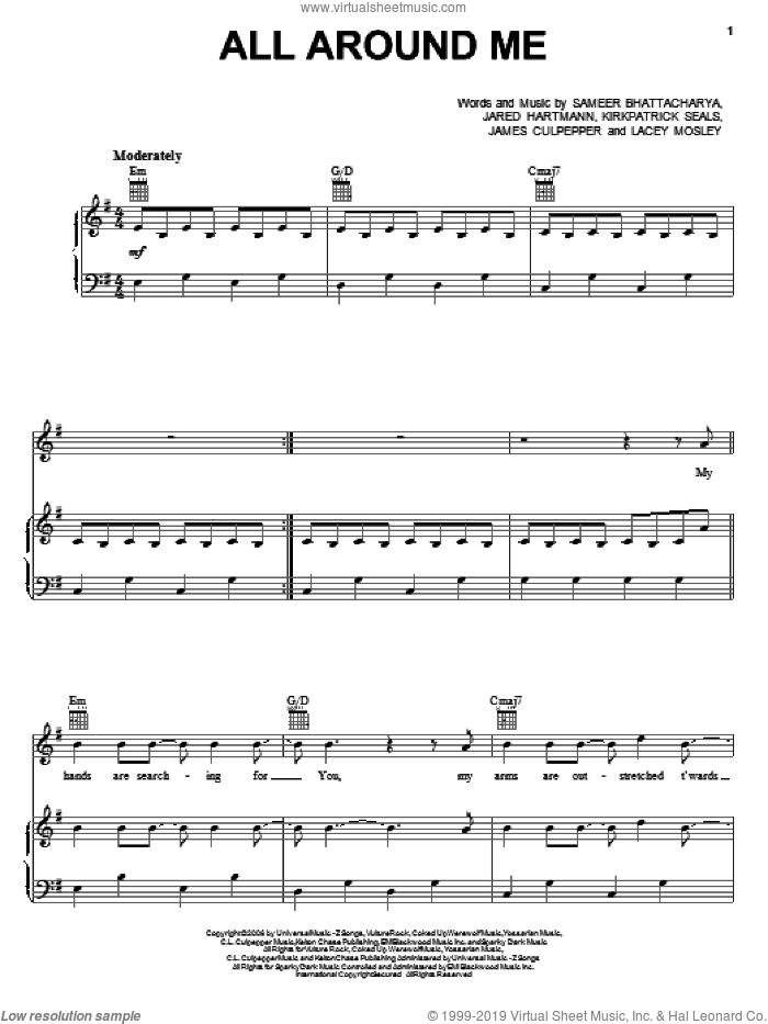 All Around Me sheet music for voice, piano or guitar by David Crowder Band, Flyleaf, James Culpepper, Jared Hartmann, Kirkpatrick Seals, Lacey Mosley and Sameer Bhattacharya, intermediate skill level