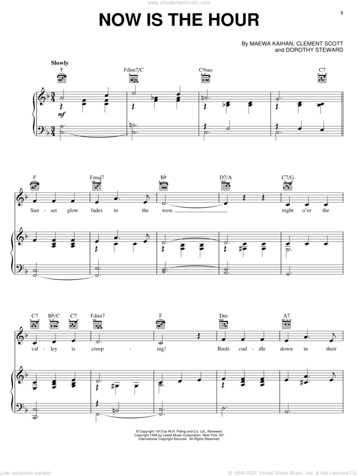 Now Is The Hour (Maori Farewell Song) sheet music for voice, piano or guitar by Bing Crosby, Clement Scott, Dorothy Stewart and Maewa Kaithau, intermediate skill level
