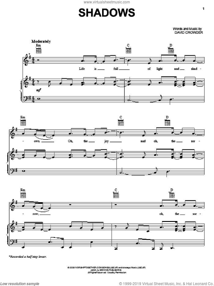 Shadows sheet music for voice, piano or guitar by David Crowder Band and David Crowder, intermediate skill level