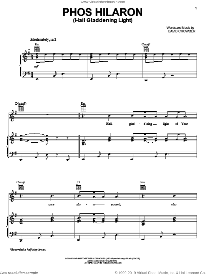 Phos Hilaron (Hail Gladdening Light) sheet music for voice, piano or guitar by David Crowder Band and David Crowder, intermediate skill level