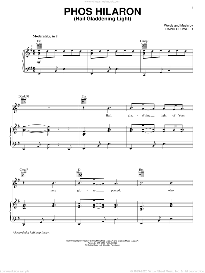 Phos Hilaron (Hail Gladdening Light) sheet music for voice, piano or guitar by David Crowder Band and David Crowder, intermediate skill level