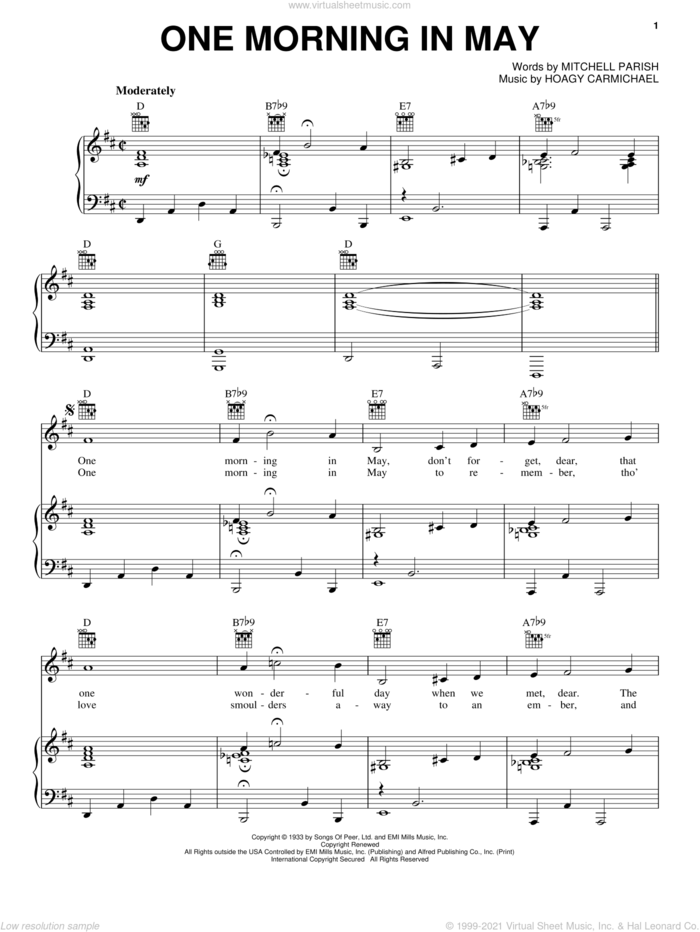 One Morning In May sheet music for voice, piano or guitar by Mitchell Parish and Hoagy Carmichael, intermediate skill level