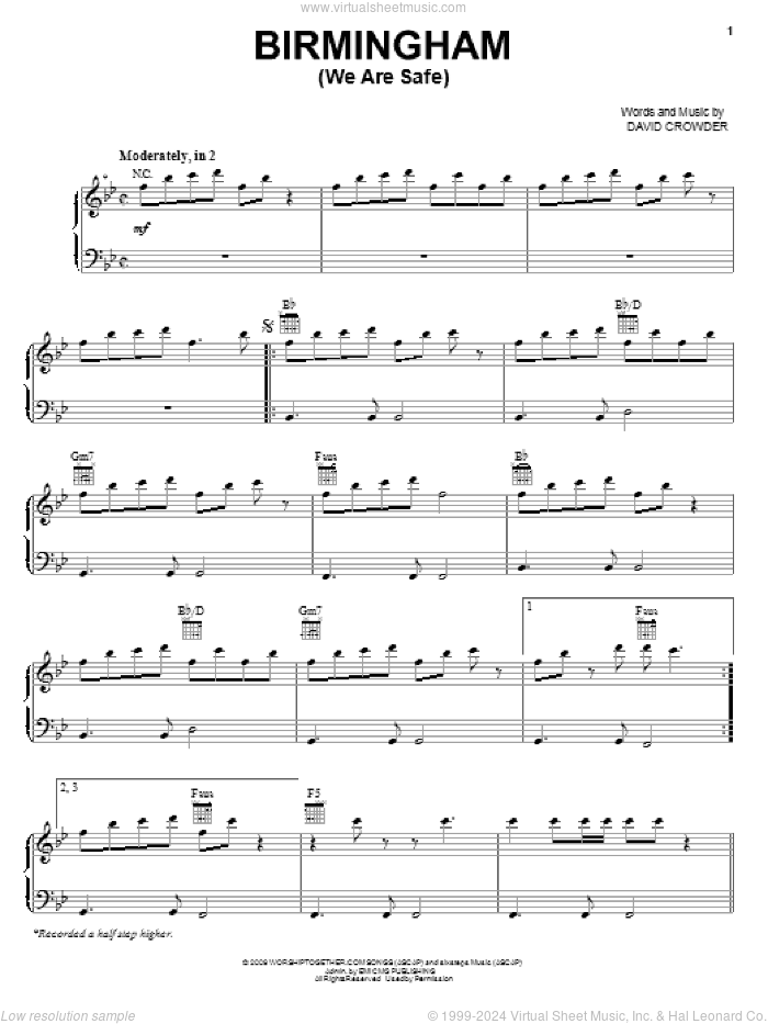 Birmingham (We Are Safe) sheet music for voice, piano or guitar by David Crowder Band and David Crowder, intermediate skill level