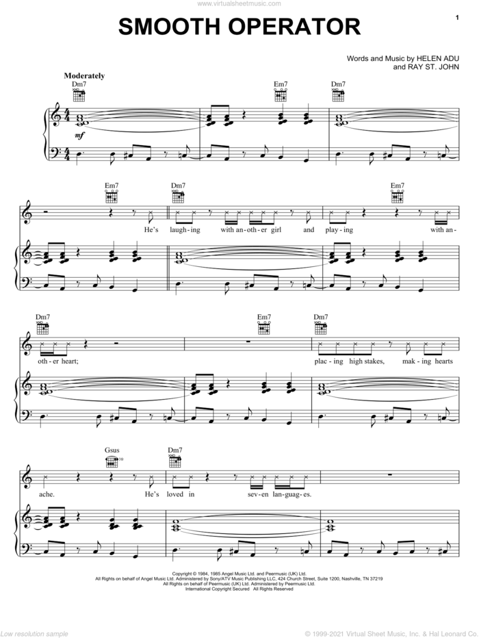 Smooth Operator sheet music for voice, piano or guitar by Sade, Helen Adu and Ray St. John, intermediate skill level