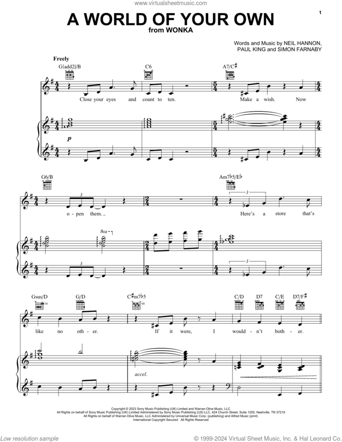 A World Of Your Own (from Wonka) sheet music for voice, piano or guitar by Timothée Chalamet, Neil Hannon, Paul King and Simon Farnaby, intermediate skill level