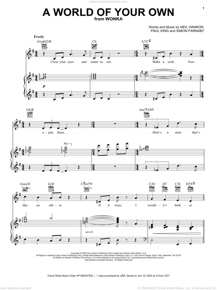 A World Of Your Own (from Wonka) sheet music for voice, piano or guitar by Timothée Chalamet, Neil Hannon, Paul King and Simon Farnaby, intermediate skill level