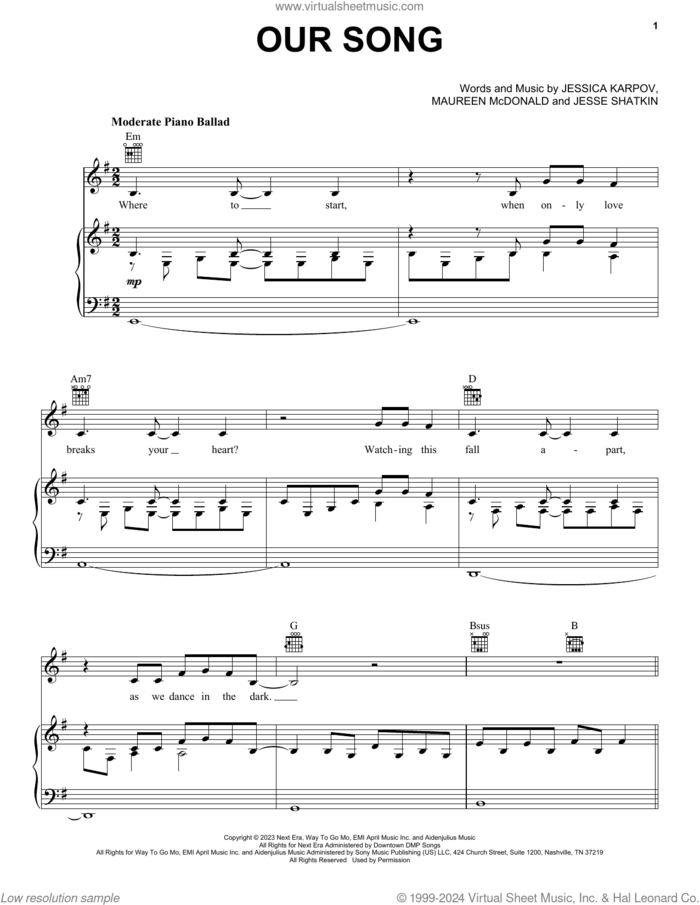 Our Song sheet music for voice, piano or guitar by P!nk, Jesse Shatkin, Jessica Karpov and Maureen McDonald, intermediate skill level