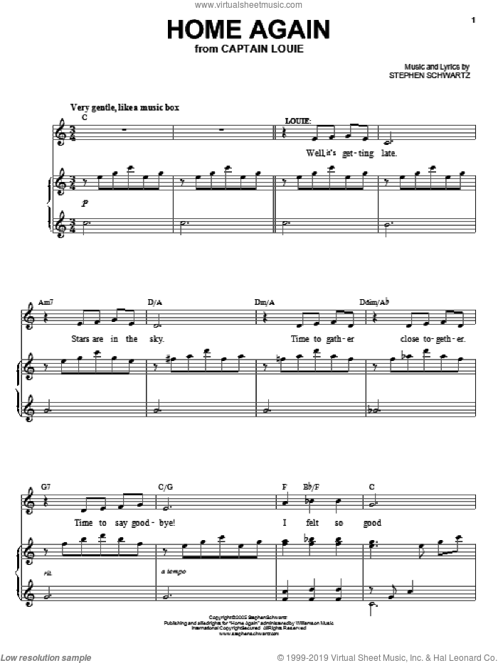 Home Again sheet music for voice, piano or guitar by Stephen Schwartz and Captain Louie (Musical), intermediate skill level