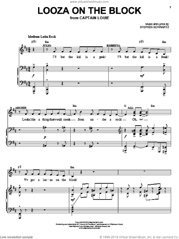 Looza On The Block sheet music for voice, piano or guitar by Stephen Schwartz and Captain Louie (Musical), intermediate skill level
