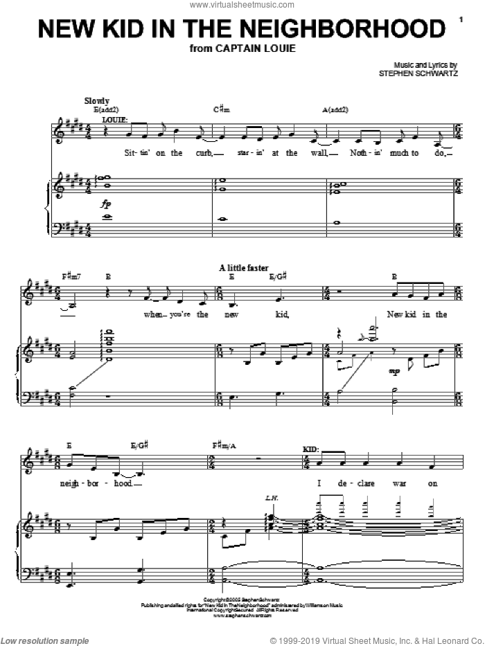 New Kid In The Neighborhood sheet music for voice, piano or guitar by Stephen Schwartz and Captain Louie (Musical), intermediate skill level