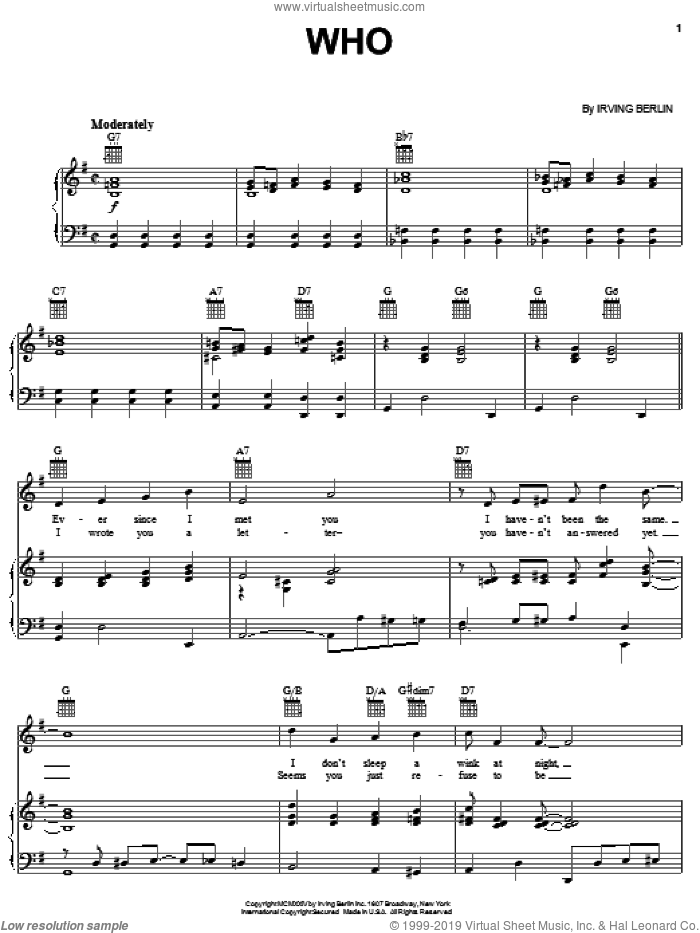 Who sheet music for voice, piano or guitar by Irving Berlin, intermediate skill level