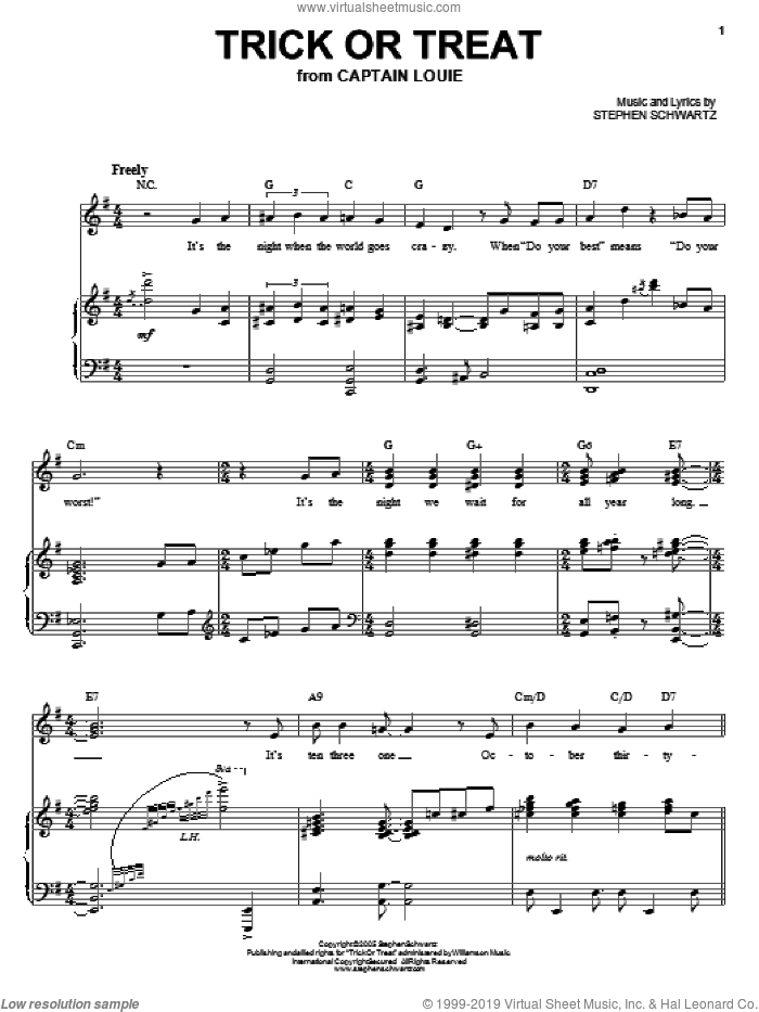Trick Or Treat sheet music for voice, piano or guitar by Stephen Schwartz and Captain Louie (Musical), intermediate skill level