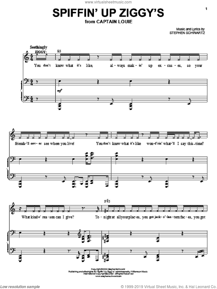 Spiffin' Up Ziggy's sheet music for voice, piano or guitar by Stephen Schwartz and Captain Louie (Musical), intermediate skill level