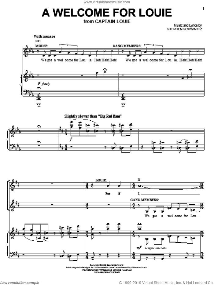 A Welcome For Louie sheet music for voice, piano or guitar by Stephen Schwartz and Captain Louie (Musical), intermediate skill level