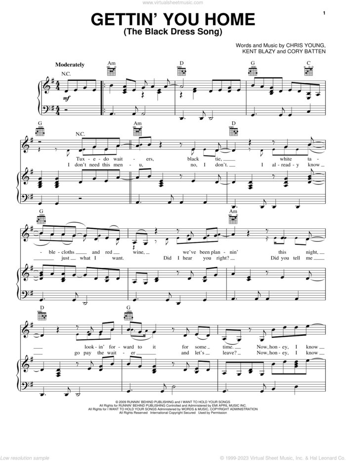 Gettin' You Home (The Black Dress Song) sheet music for voice, piano or guitar by Chris Young, Cory Batten and Kent Blazy, intermediate skill level