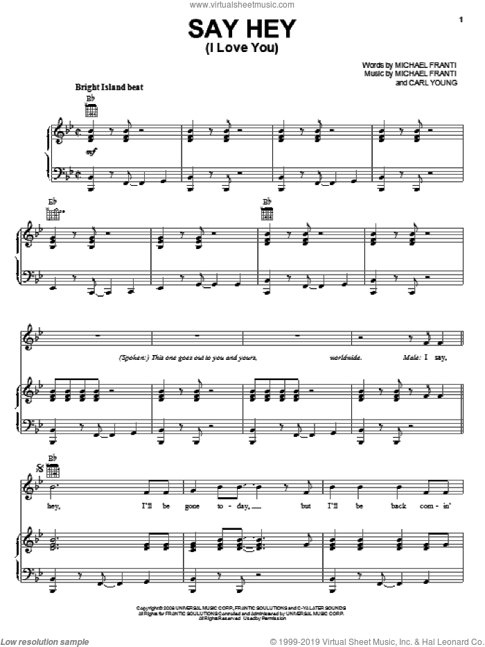 Say Hey (I Love You) sheet music for voice, piano or guitar by Michael Franti & Spearhead, Carl Young and Michael Franti, intermediate skill level