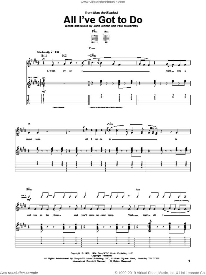 All I've Got To Do sheet music for guitar (tablature) by The Beatles, John Lennon and Paul McCartney, intermediate skill level