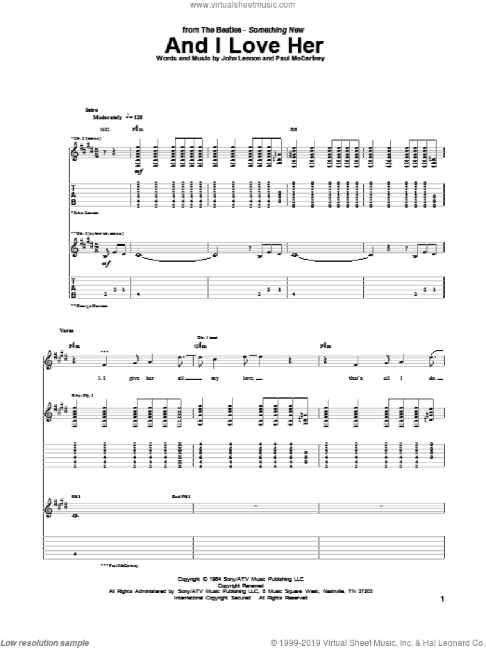 And I Love Her sheet music for guitar (tablature) by The Beatles, John Lennon and Paul McCartney, intermediate skill level