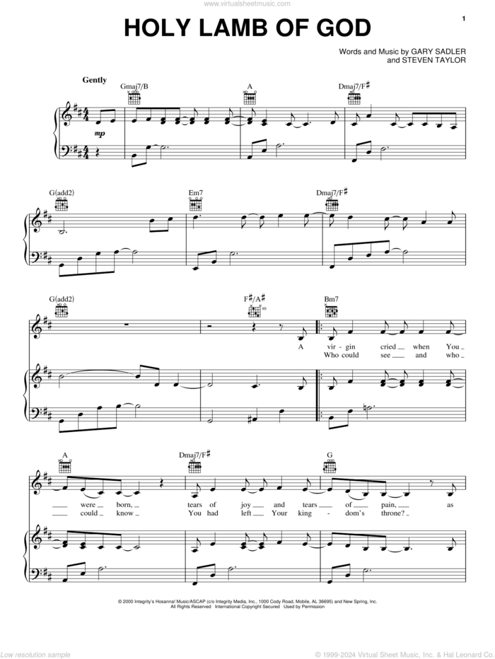 Holy Lamb Of God sheet music for voice, piano or guitar by Gary Sadler and Steven Taylor, intermediate skill level