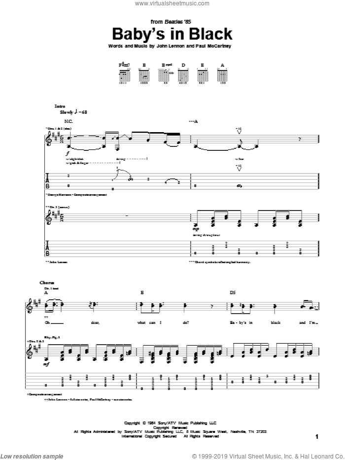 Baby's In Black sheet music for guitar (tablature) by The Beatles, John Lennon and Paul McCartney, intermediate skill level