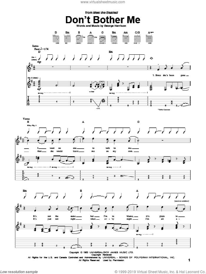 Don't Bother Me sheet music for guitar (tablature) by The Beetles, The Beatles and George Harrison, intermediate skill level
