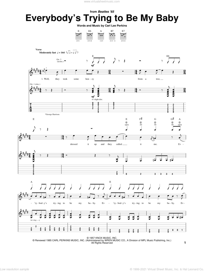 Everybody's Trying To Be My Baby sheet music for guitar (tablature) by The Beatles and Carl Perkins, intermediate skill level