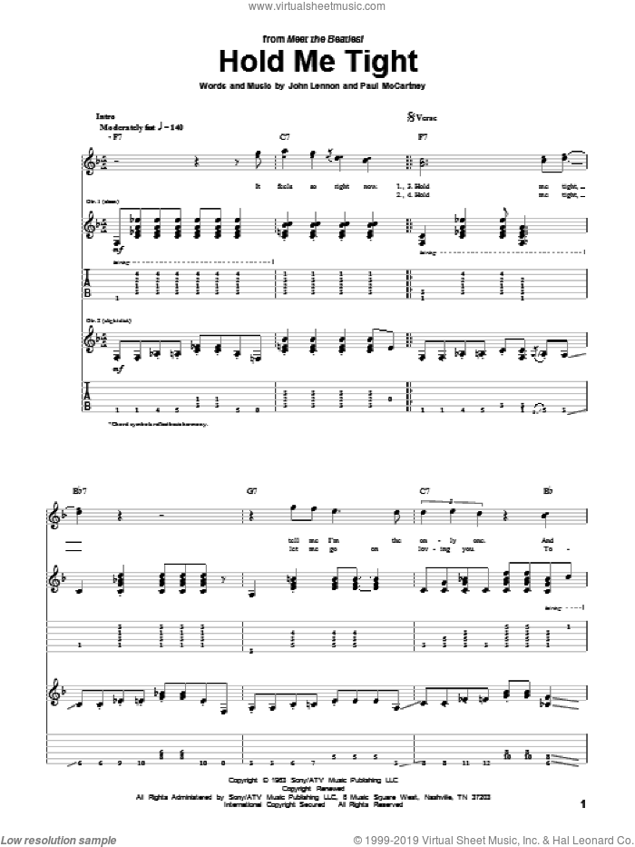 Hold Me Tight sheet music for guitar (tablature) by The Beatles, John Lennon and Paul McCartney, intermediate skill level
