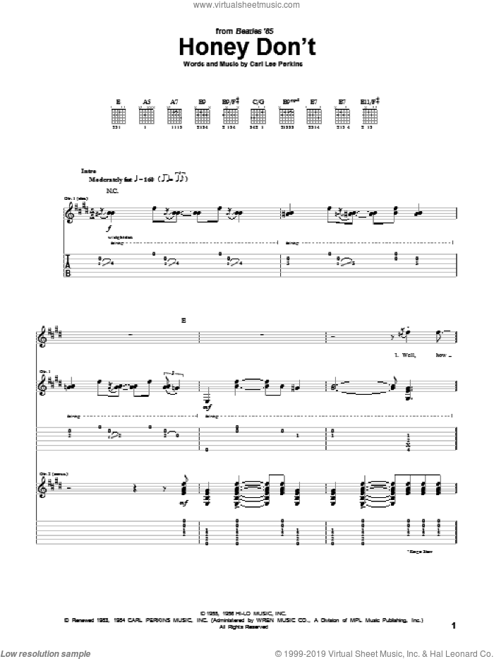 Honey Don't sheet music for guitar (tablature) by The Beatles and Carl Perkins, intermediate skill level