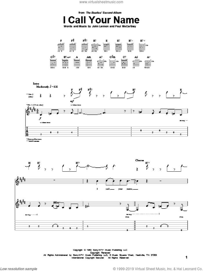 I Call Your Name sheet music for guitar (tablature) by The Beatles, John Lennon and Paul McCartney, intermediate skill level