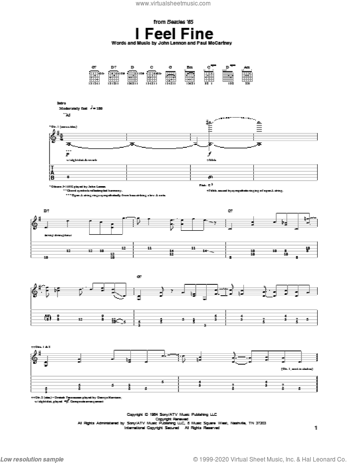 I Feel Fine sheet music for guitar (tablature) by The Beatles, John Lennon and Paul McCartney, intermediate skill level
