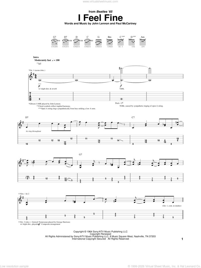 I Feel Fine sheet music for guitar (tablature) by The Beatles, John Lennon and Paul McCartney, intermediate skill level
