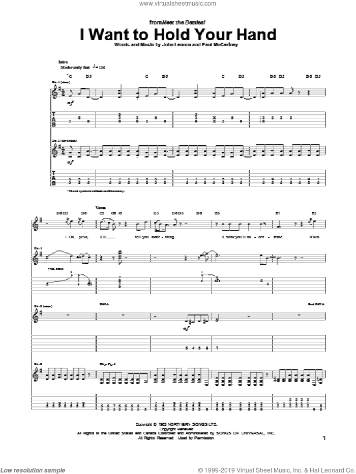 I Want To Hold Your Hand sheet music for guitar (tablature) by The Beatles, John Lennon and Paul McCartney, intermediate skill level