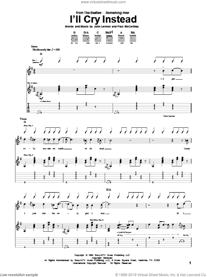 I'll Cry Instead sheet music for guitar (tablature) by The Beatles, John Lennon and Paul McCartney, intermediate skill level