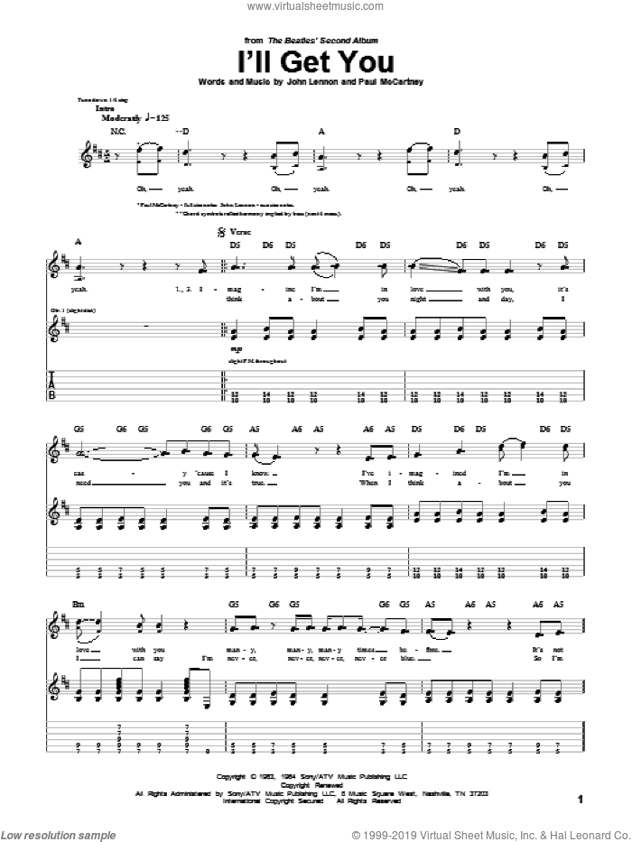 I'll Get You sheet music for guitar (tablature) by The Beatles, John Lennon and Paul McCartney, intermediate skill level