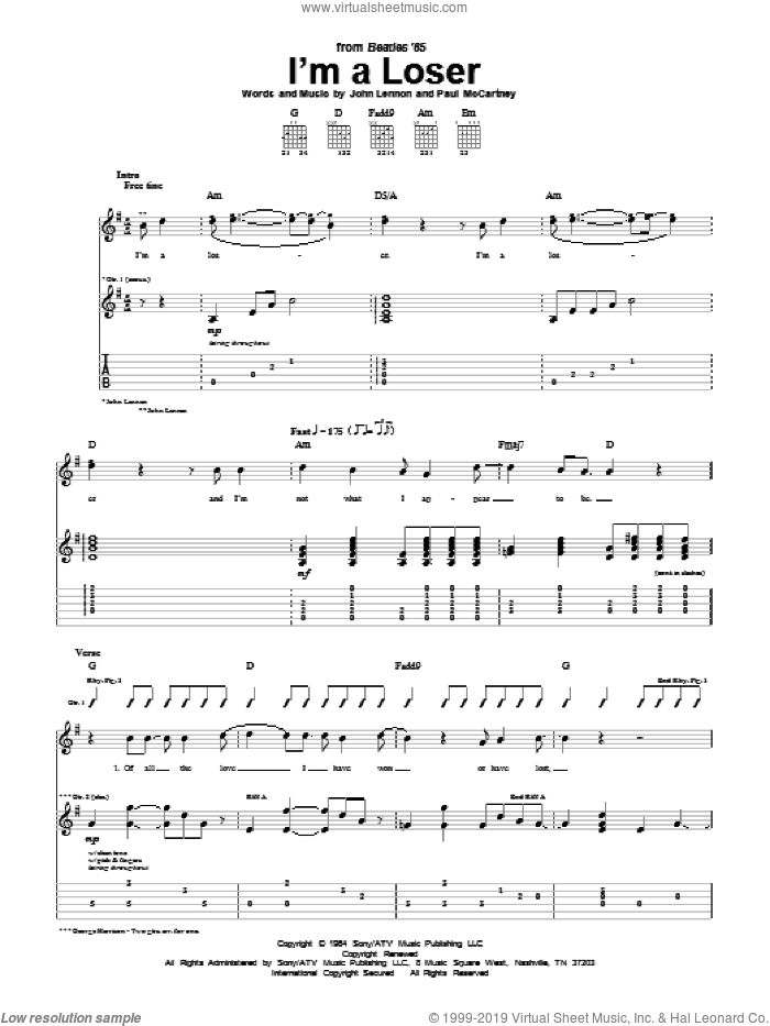 I'm A Loser sheet music for guitar (tablature) by The Beatles, John Lennon and Paul McCartney, intermediate skill level